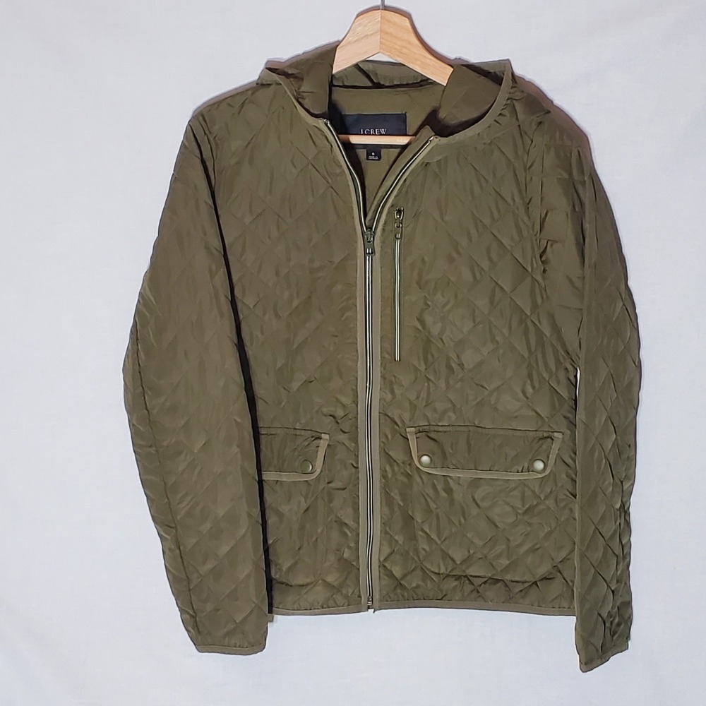 J.Crew Downtown Field Jacket Womens S Green Quilted Full Zip Pockets Hood Olive